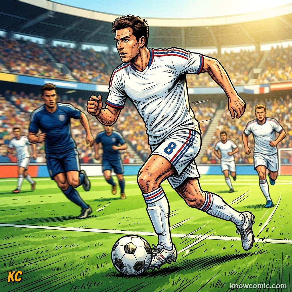 Comic panel titled stepovers, feints, and swerves, labelled look up, from the KnowComic World Cup 2026 lesson on the art of dribbling