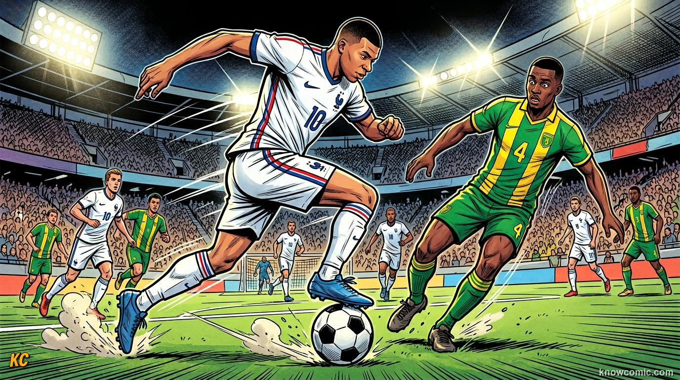 Comic panel titled stepovers, feints, and swerves, labelled fake it out, from the KnowComic World Cup 2026 lesson on the art of dribbling