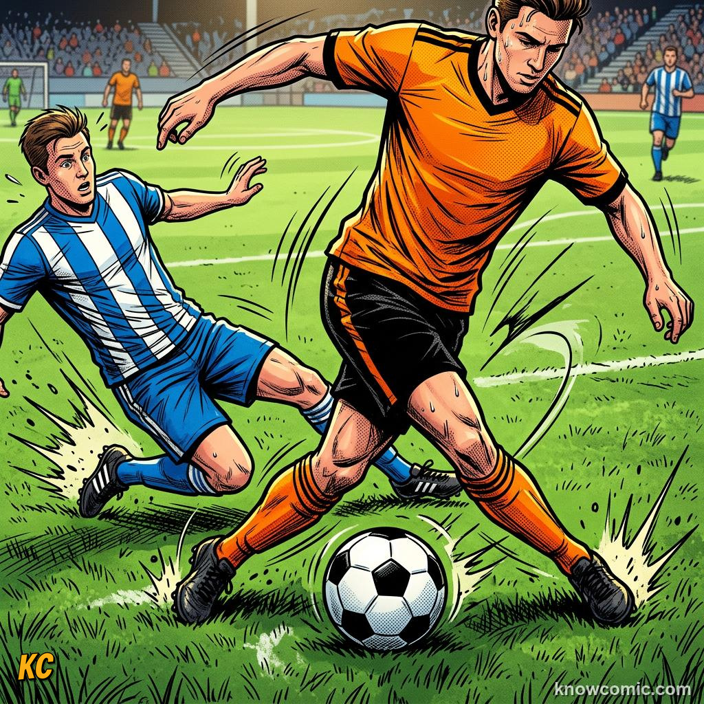 Comic panel titled stepovers, feints, and swerves, labelled stepover, from the KnowComic World Cup 2026 lesson on the art of dribbling