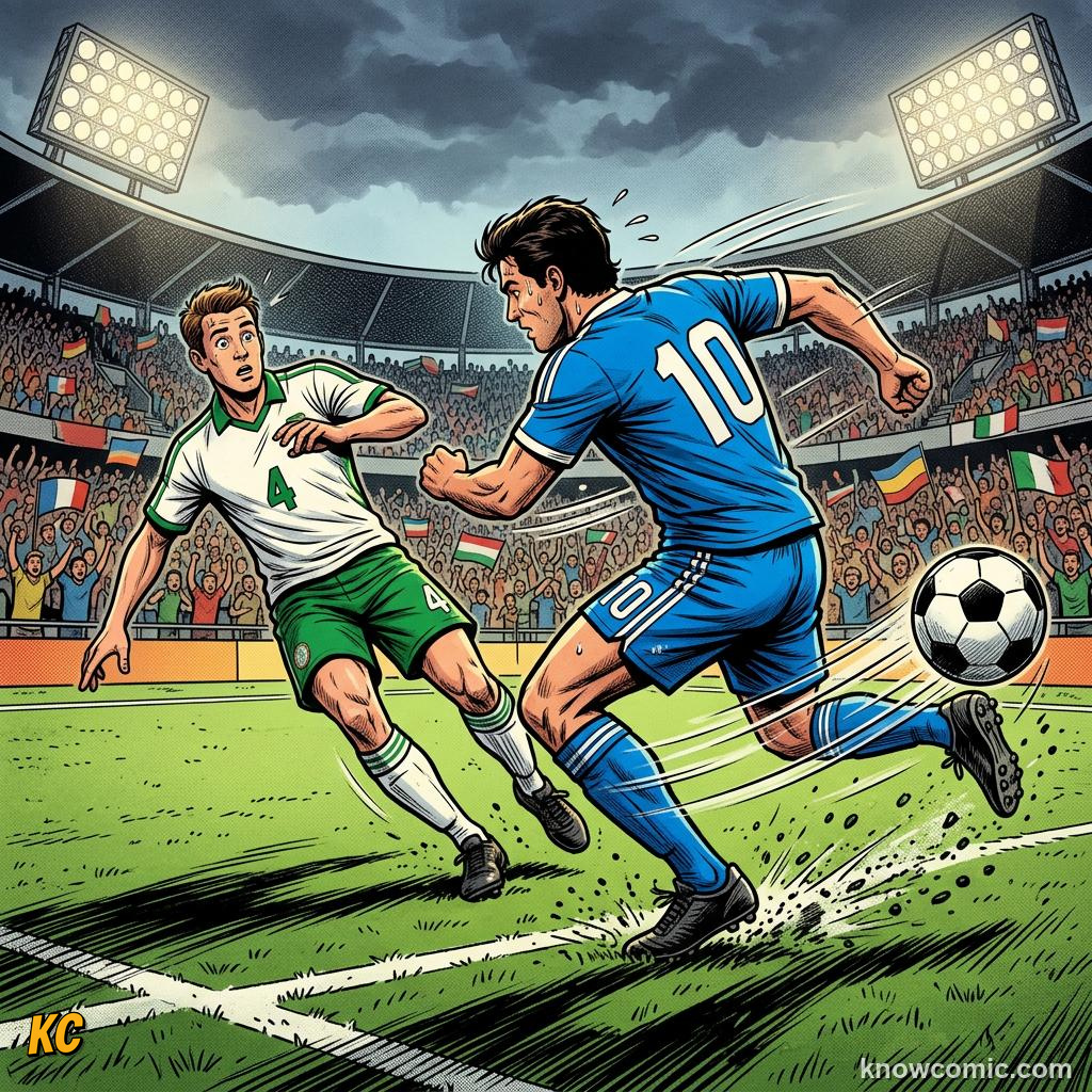 Comic panel titled stepovers, feints, and swerves, labelled body swerve, from the KnowComic World Cup 2026 lesson on the art of dribbling