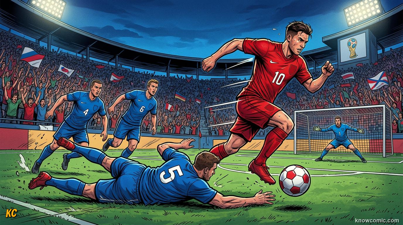 Comic panel titled taking on defenders, labelled one vs many, from the KnowComic World Cup 2026 lesson on the art of dribbling