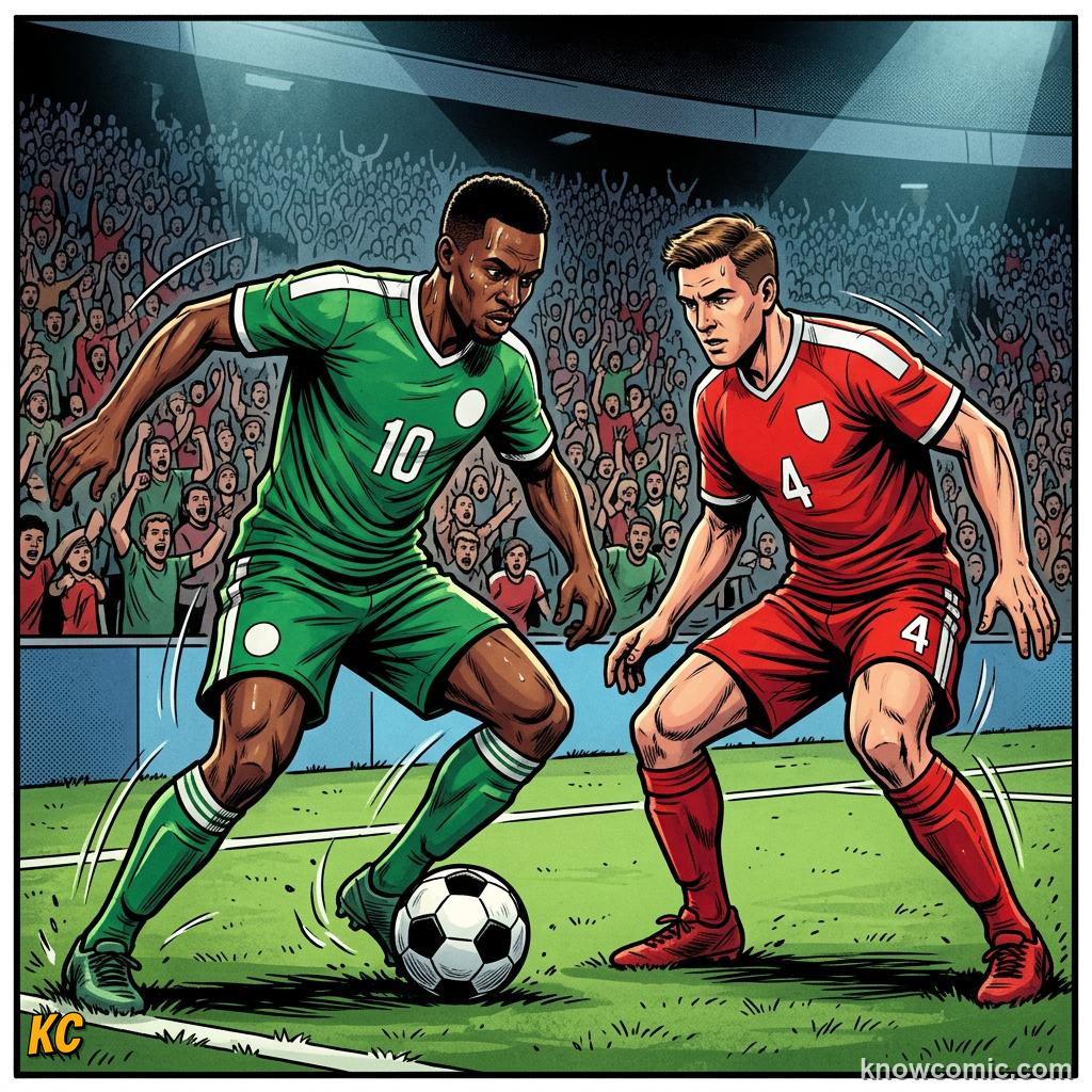 Comic panel titled how dribblers are made, labelled one on one, from the KnowComic World Cup 2026 lesson on the art of dribbling