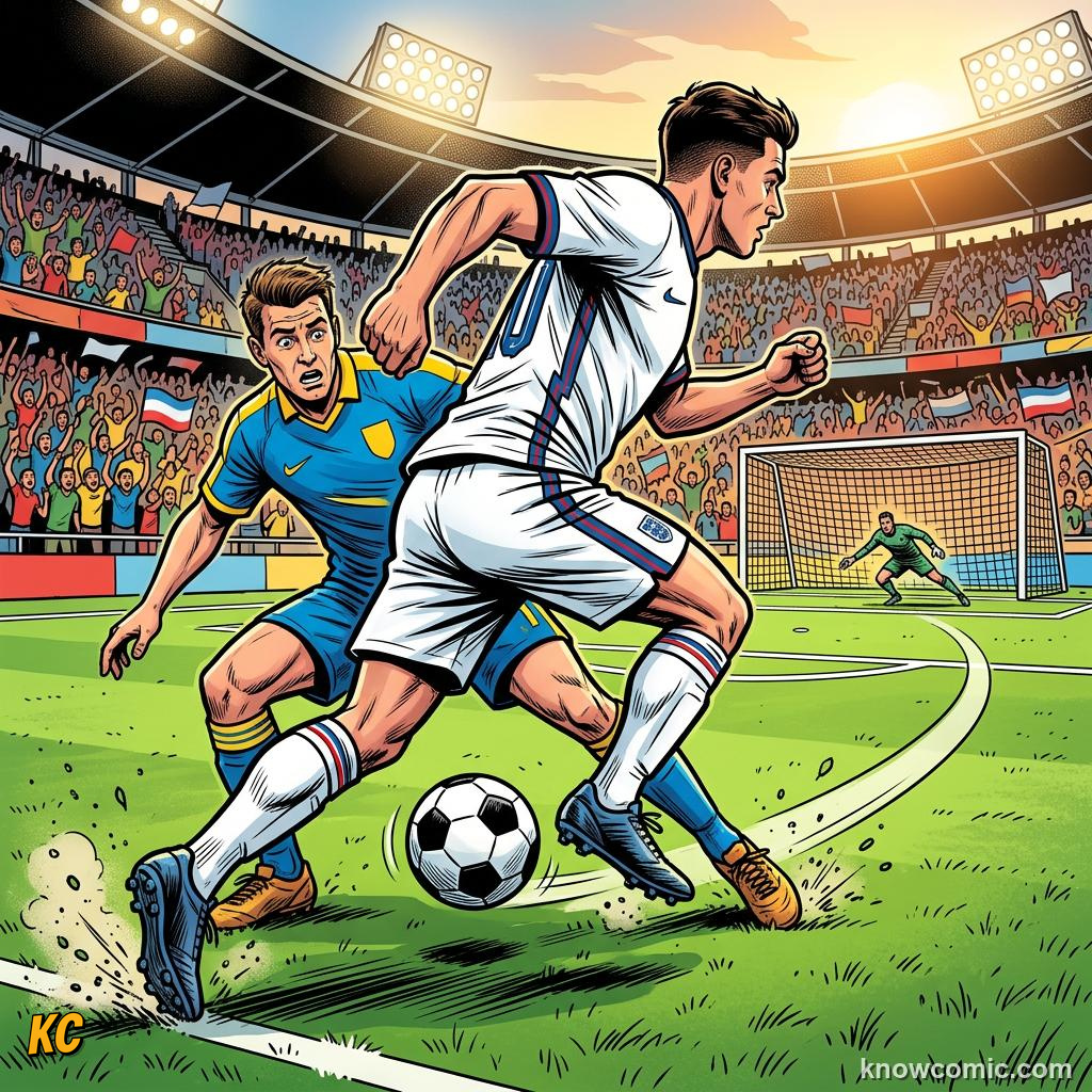 Comic panel titled how dribblers are made, labelled nutmeg, from the KnowComic World Cup 2026 lesson on the art of dribbling