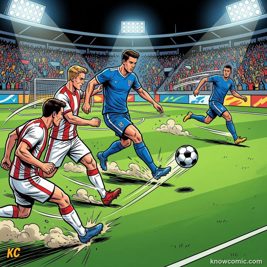 Comic panel titled how dribblers are made, labelled draw and pass, from the KnowComic World Cup 2026 lesson on the art of dribbling