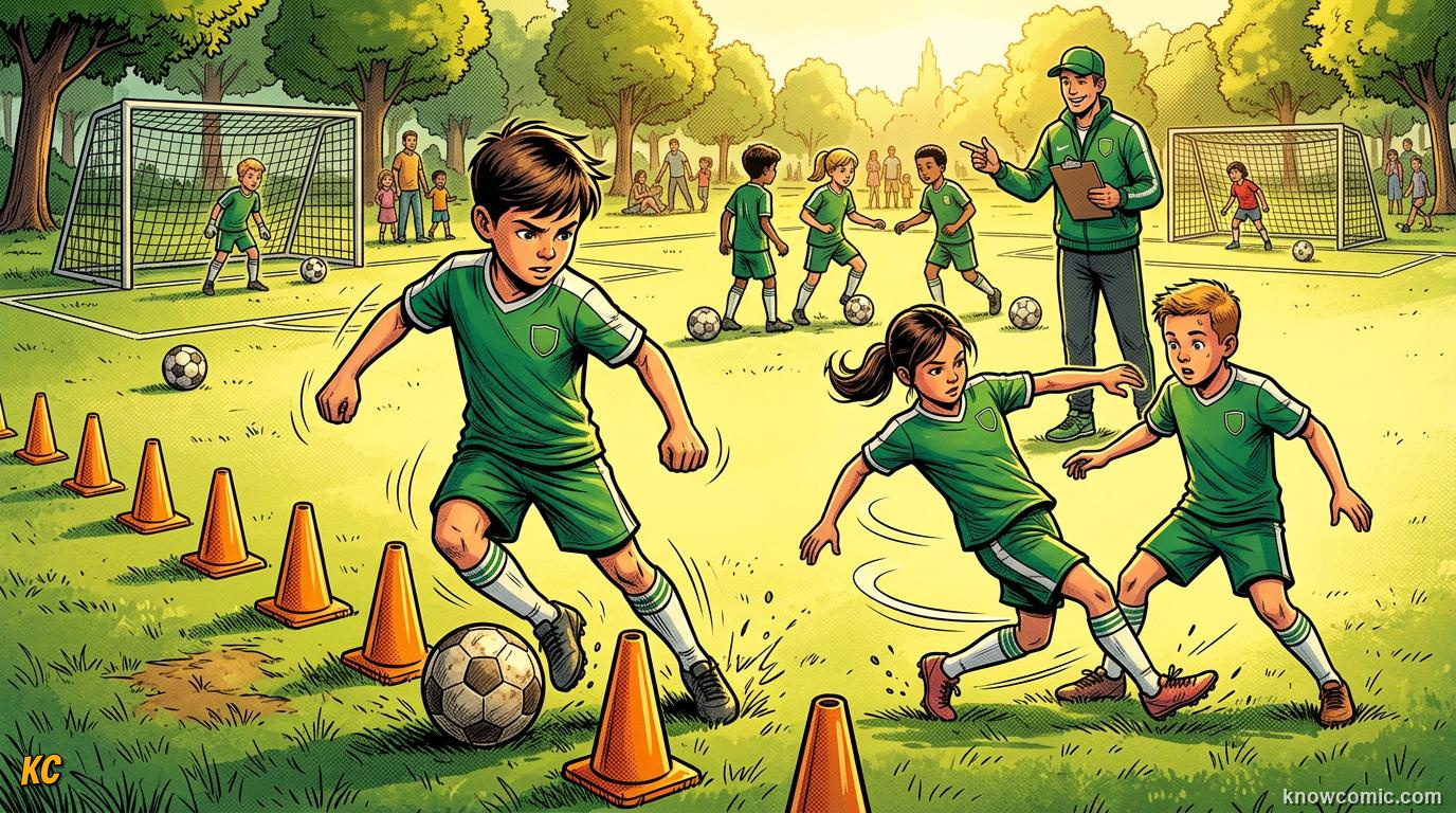 Comic panel titled how dribblers are made, labelled train every day, from the KnowComic World Cup 2026 lesson on the art of dribbling