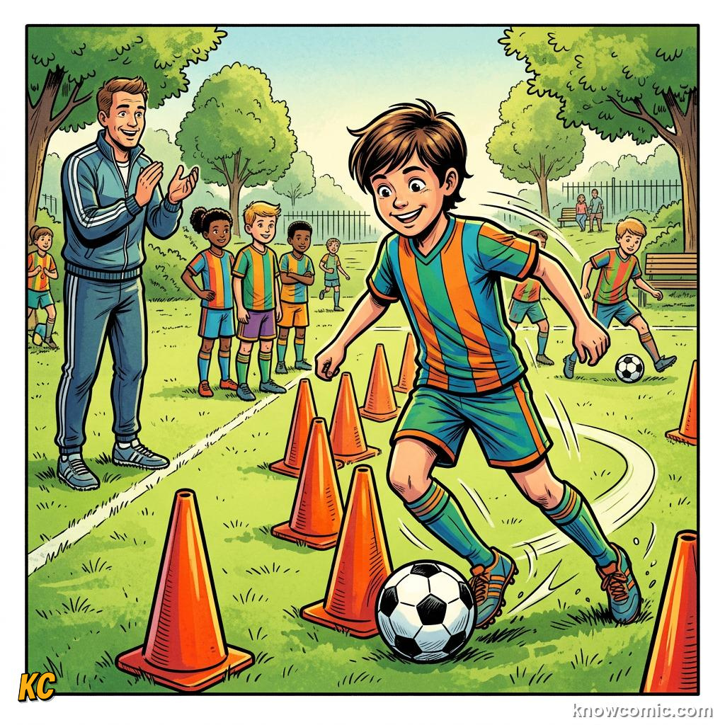 Comic panel labelled cone slalom, illustrating the art of dribbling in KnowComic's World Cup 2026 series