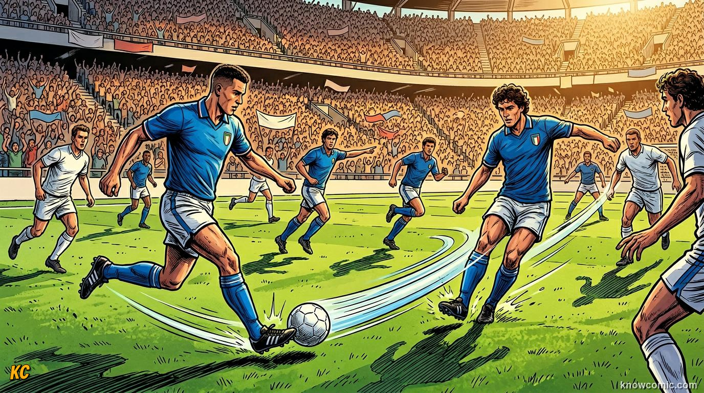Comic panel titled what is passing, labelled send a message, from the KnowComic World Cup 2026 lesson on passing: football's language