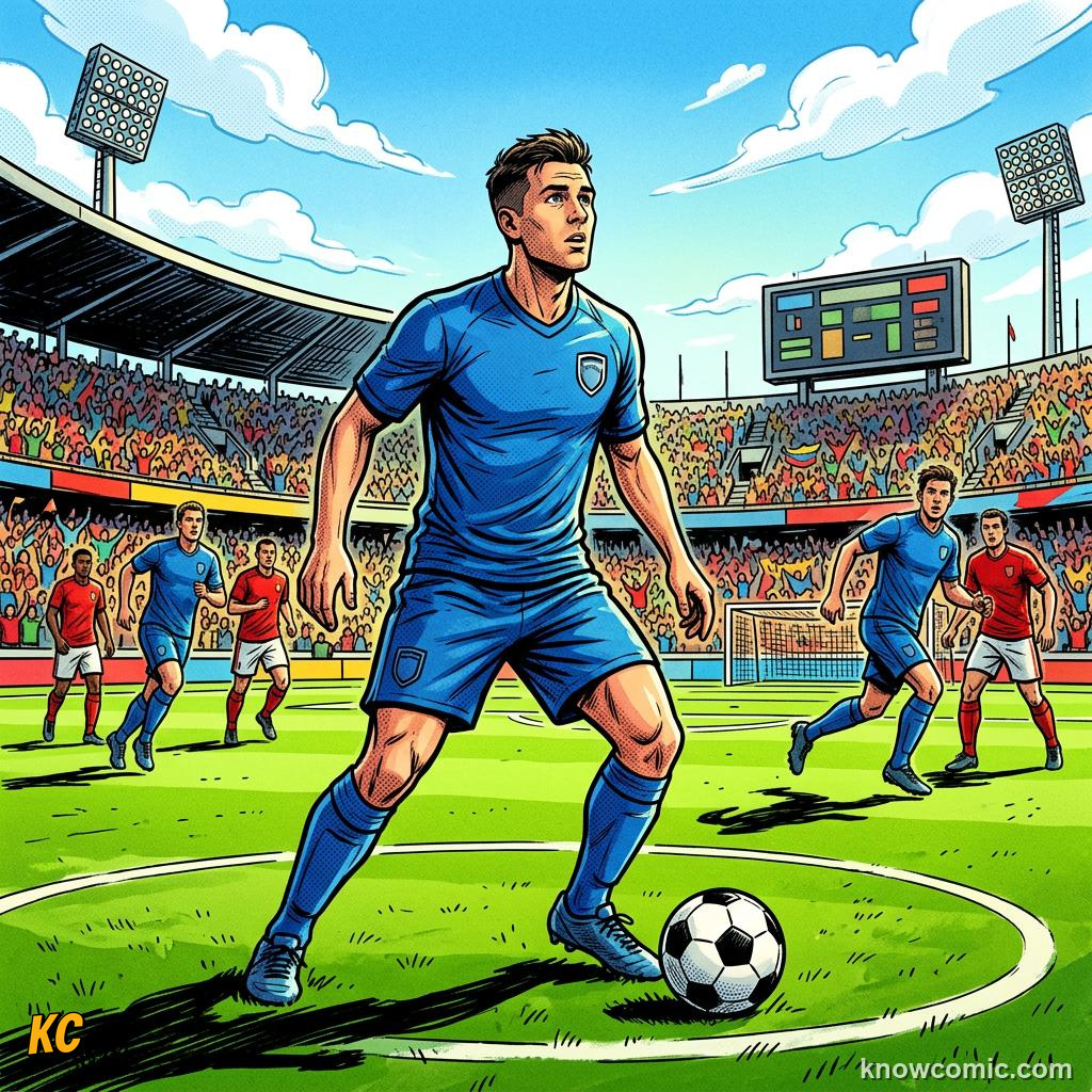 Comic panel titled short passes build possession, labelled vision first, from the KnowComic World Cup 2026 lesson on passing: football's language