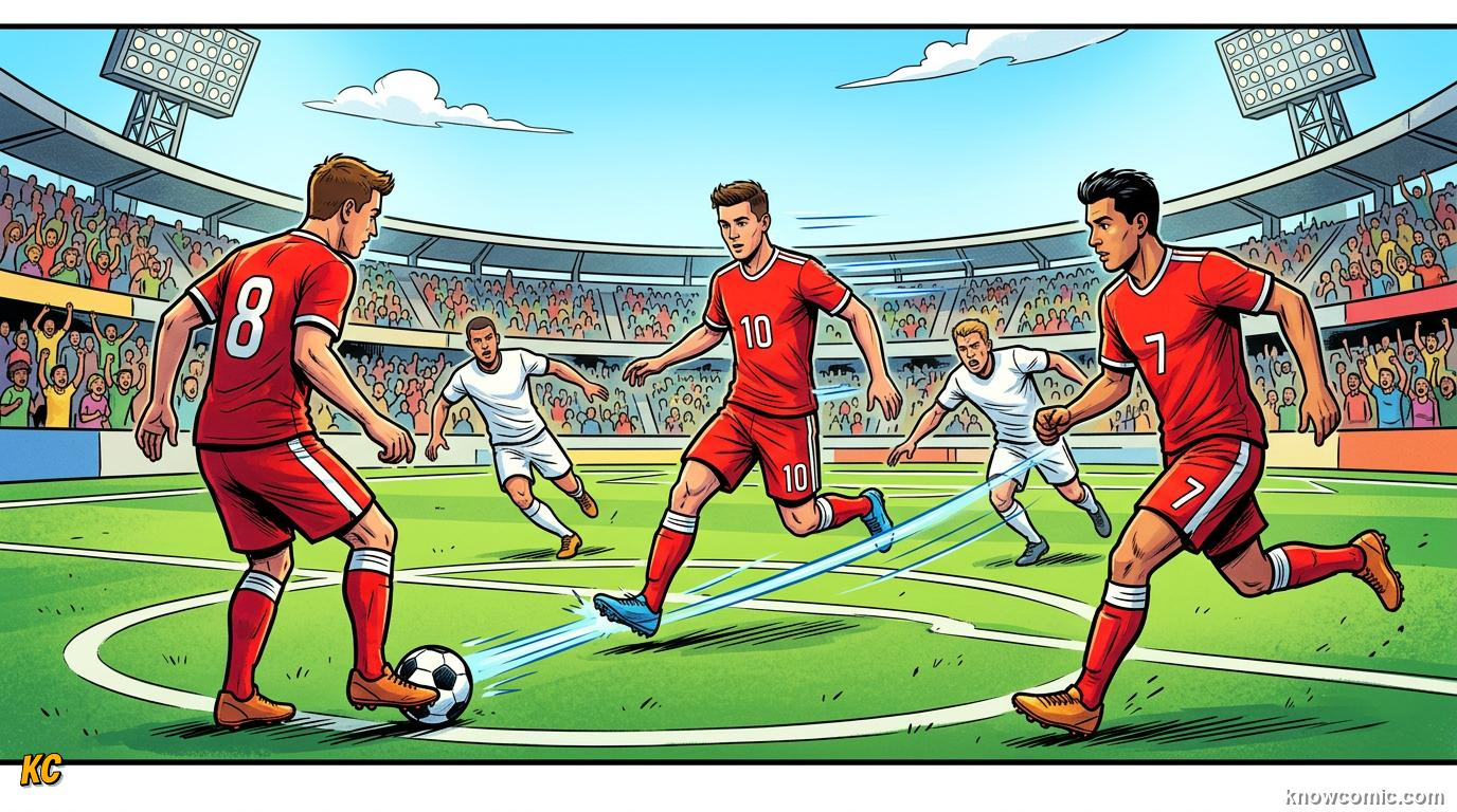 Comic panel titled short passes build possession, labelled keep it close, from the KnowComic World Cup 2026 lesson on passing: football's language