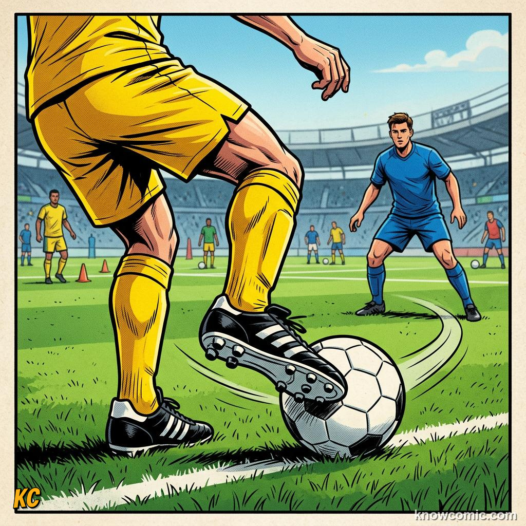 Comic panel titled long passes open new attacks, labelled inside foot, from the KnowComic World Cup 2026 lesson on passing: football's language