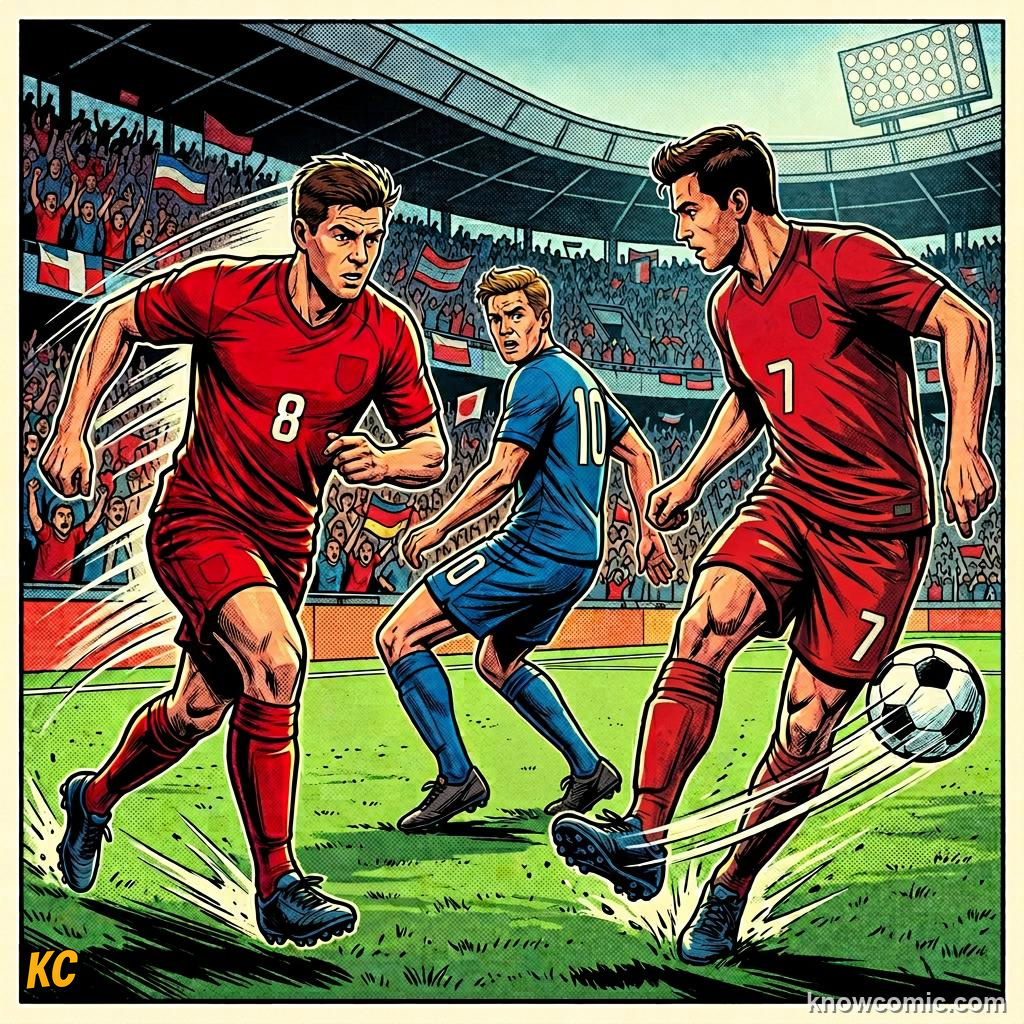 Comic panel titled long passes open new attacks, labelled one-two, from the KnowComic World Cup 2026 lesson on passing: football's language