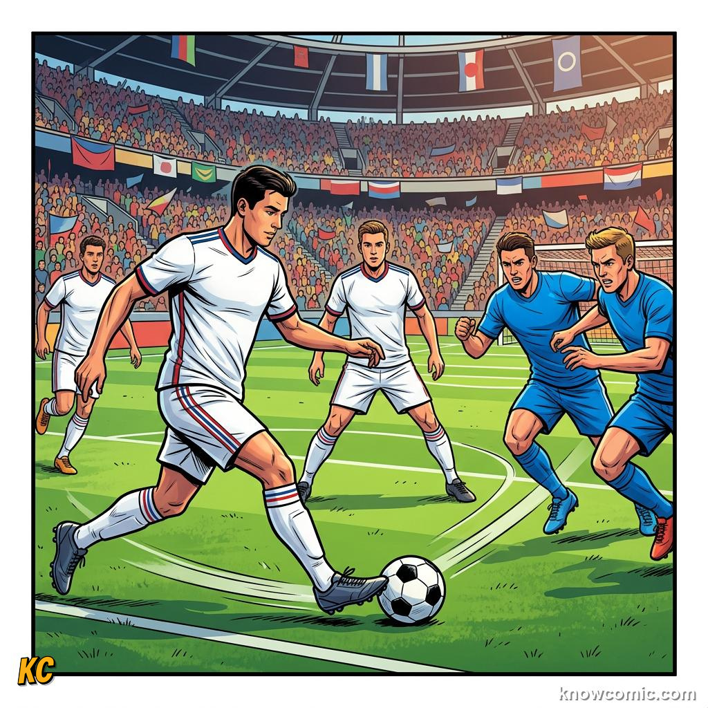 Comic panel titled long passes open new attacks, labelled patience, from the KnowComic World Cup 2026 lesson on passing: football's language