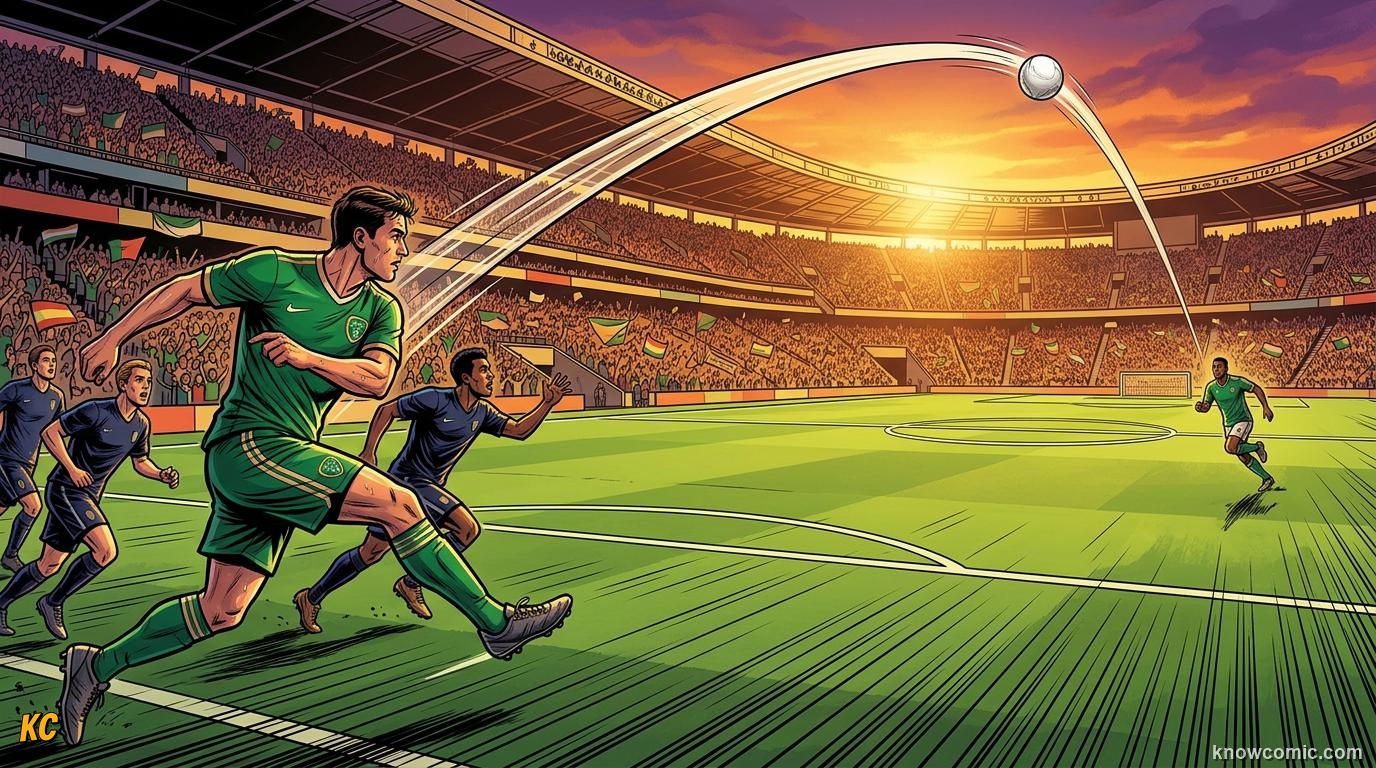 Comic panel titled long passes open new attacks, labelled change the pitch, from the KnowComic World Cup 2026 lesson on passing: football's language