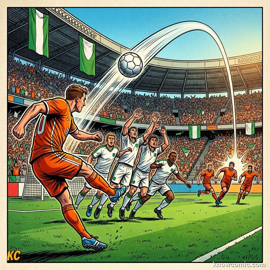 Comic panel titled long passes open new attacks, labelled over the top, from the KnowComic World Cup 2026 lesson on passing: football's language