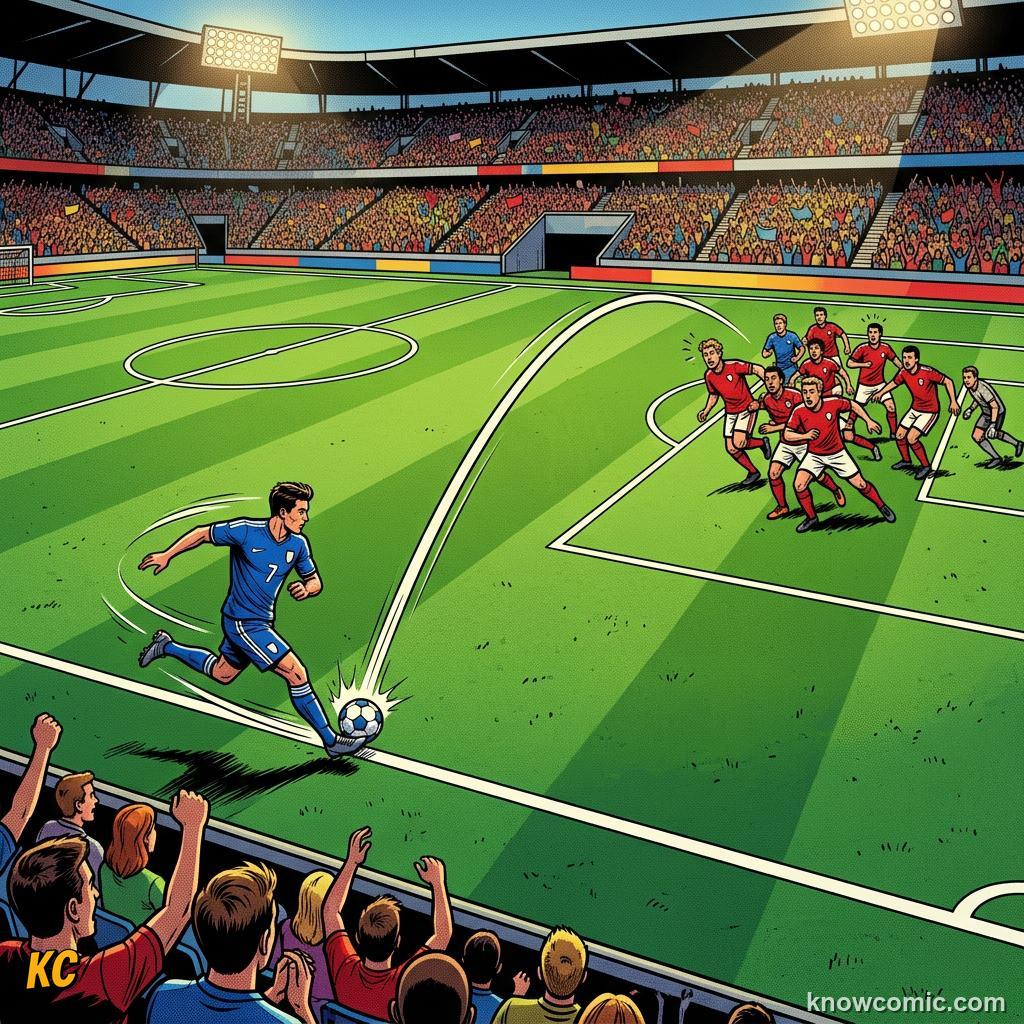 Comic panel titled long passes open new attacks, labelled switch play, from the KnowComic World Cup 2026 lesson on passing: football's language