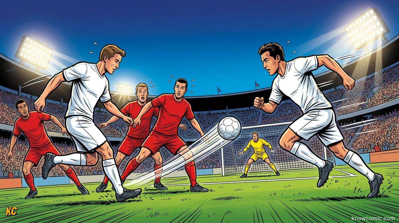 Comic panel titled the through ball changes everything, labelled split the defence, from the KnowComic World Cup 2026 lesson on passing: football's language