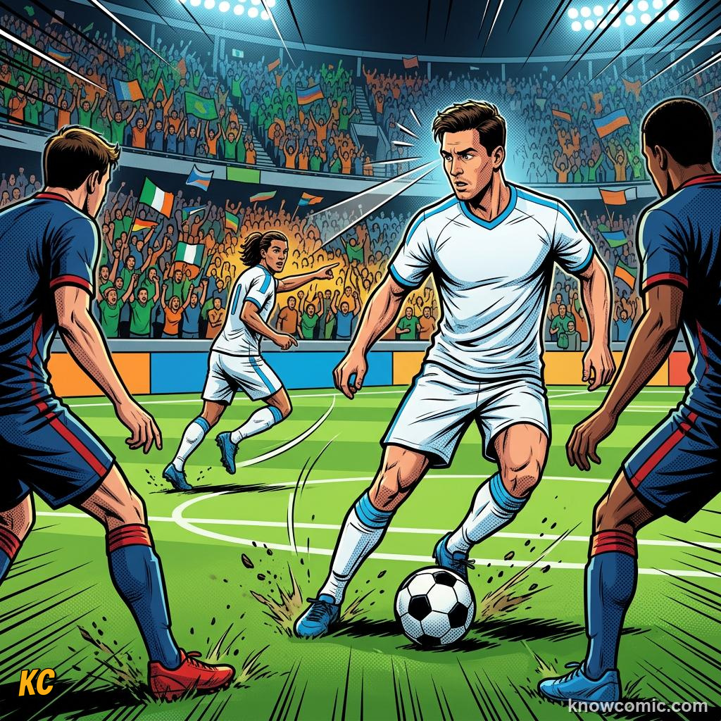 Comic panel titled how coaches build passers, labelled spot the gap, from the KnowComic World Cup 2026 lesson on passing: football's language