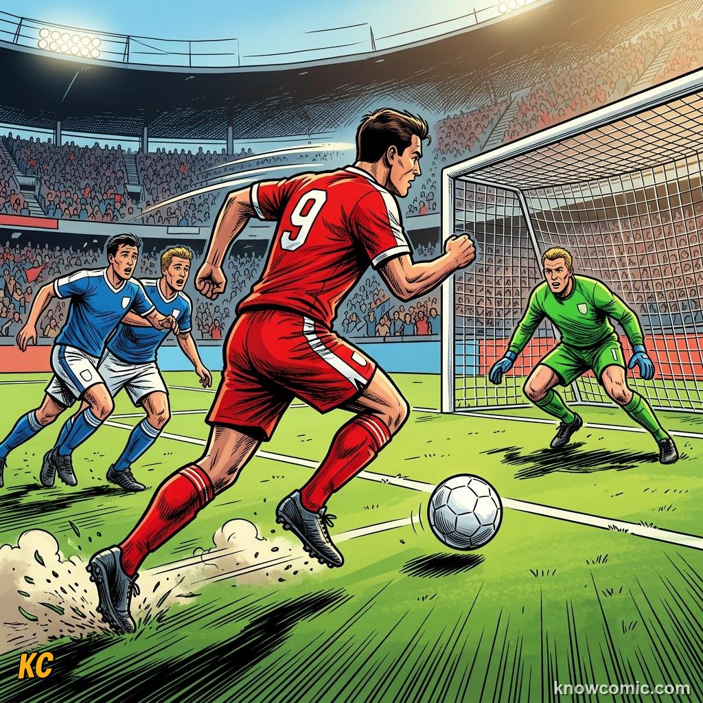 Comic panel titled how coaches build passers, labelled run onto it, from the KnowComic World Cup 2026 lesson on passing: football's language