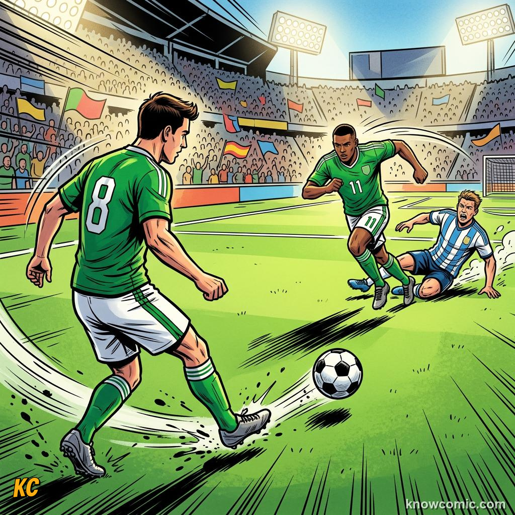 Comic panel titled how coaches build passers, labelled perfect weight, from the KnowComic World Cup 2026 lesson on passing: football's language