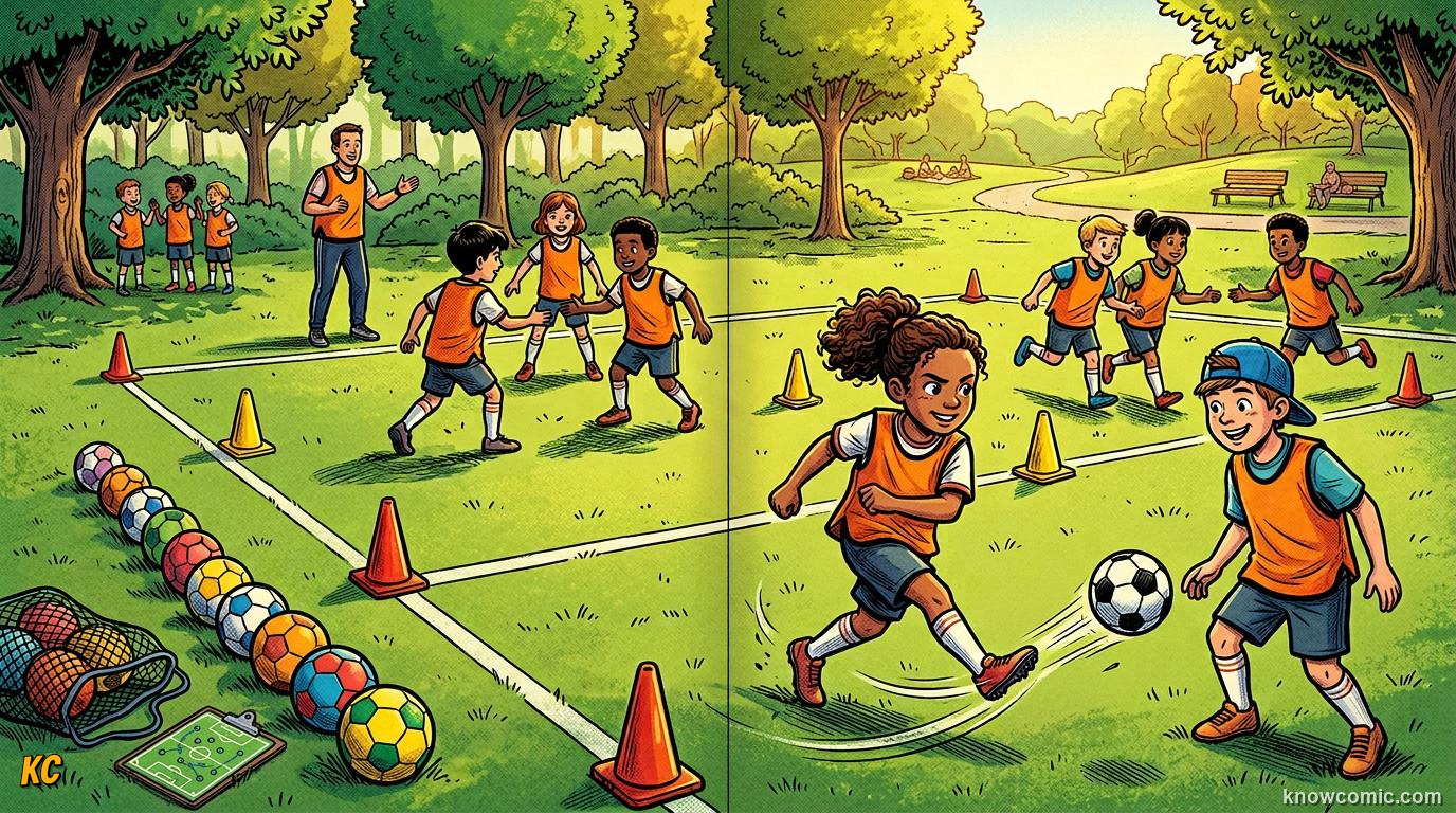 Comic panel titled how coaches build passers, labelled train your feet, from the KnowComic World Cup 2026 lesson on passing: football's language