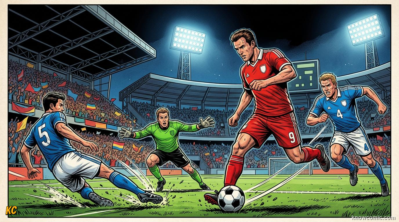 Comic panel titled what is finishing, labelled the goal, from the KnowComic World Cup 2026 lesson on shooting & finishing