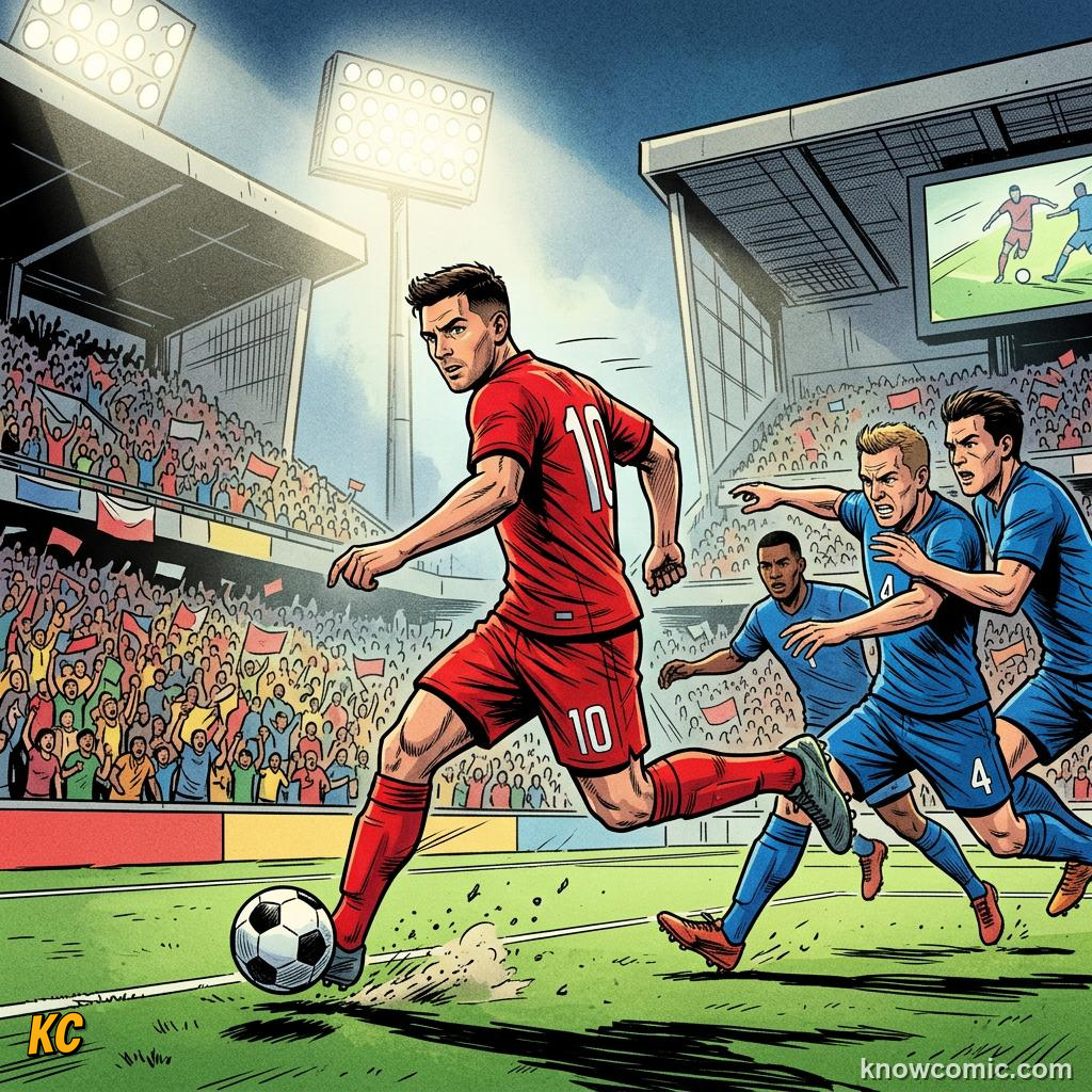 Comic panel titled power vs placement, labelled the chance, from the KnowComic World Cup 2026 lesson on shooting & finishing