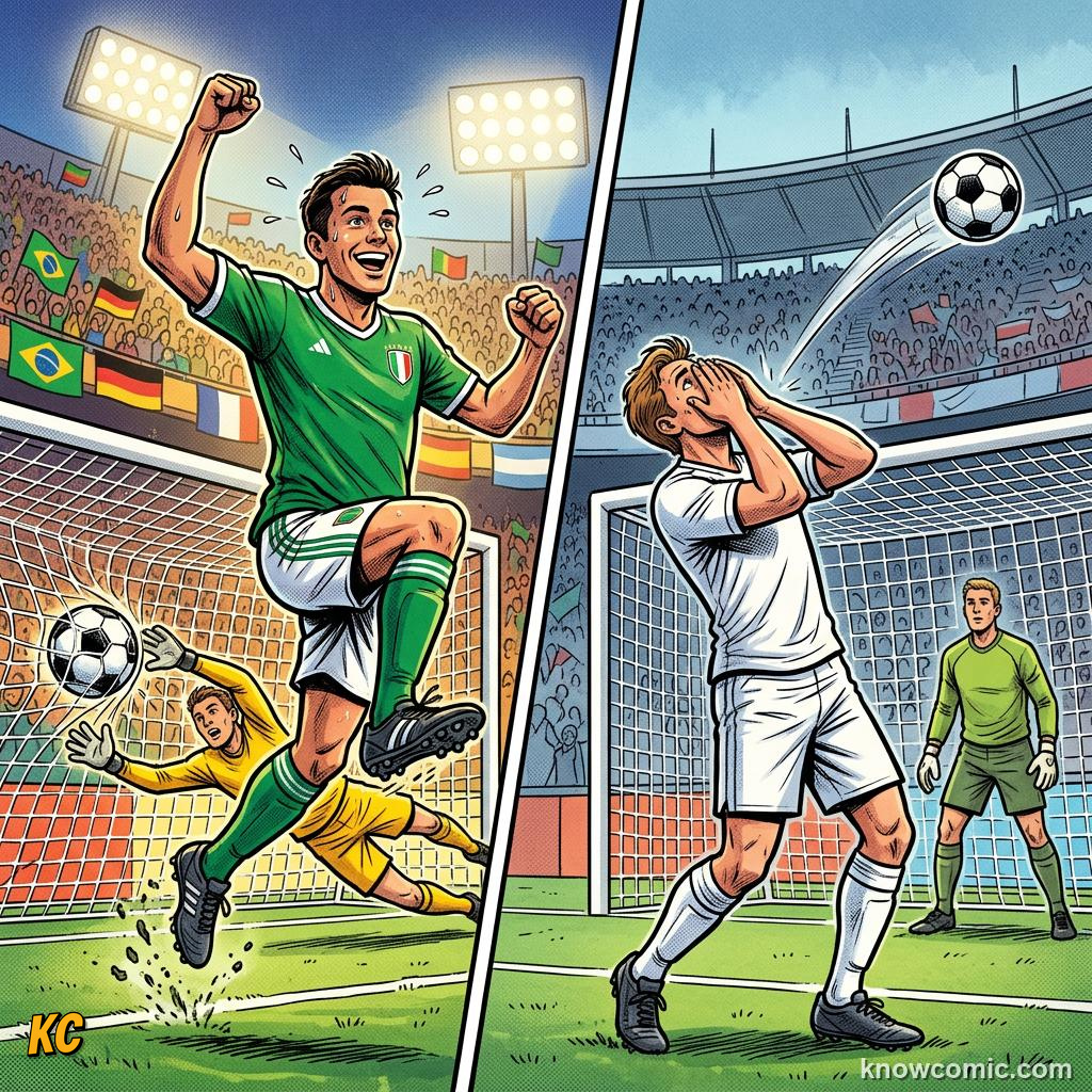 Comic panel titled power vs placement, labelled the result, from the KnowComic World Cup 2026 lesson on shooting & finishing