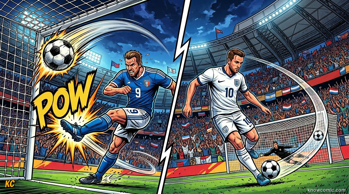 Comic panel titled power vs placement, labelled two ways to score, from the KnowComic World Cup 2026 lesson on shooting & finishing