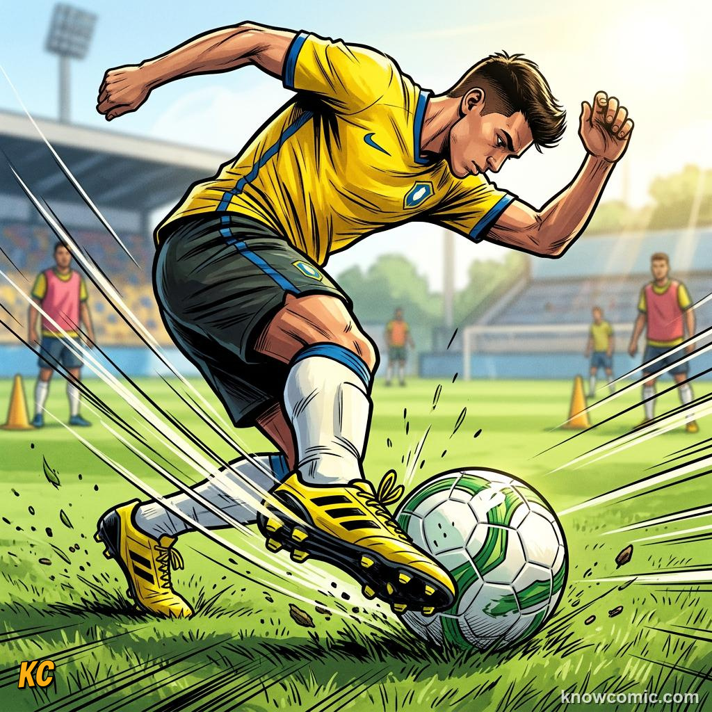 Comic panel titled volleys, chips and more, labelled laces shot, from the KnowComic World Cup 2026 lesson on shooting & finishing