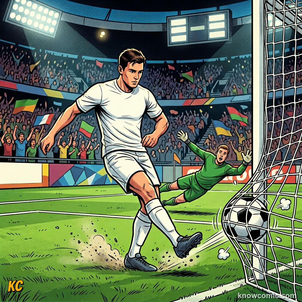 Comic panel titled volleys, chips and more, labelled placed shot, from the KnowComic World Cup 2026 lesson on shooting & finishing