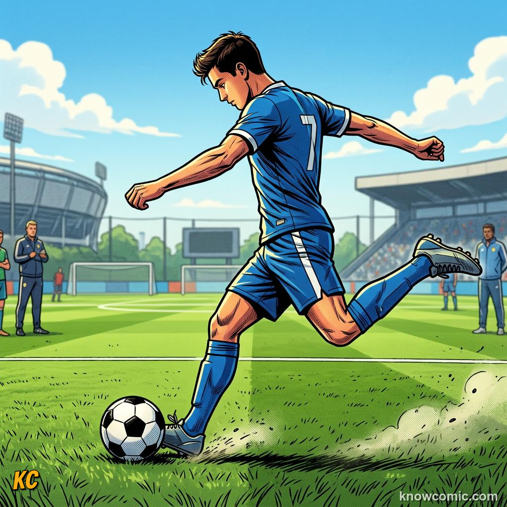Comic panel titled volleys, chips and more, labelled body shape, from the KnowComic World Cup 2026 lesson on shooting & finishing