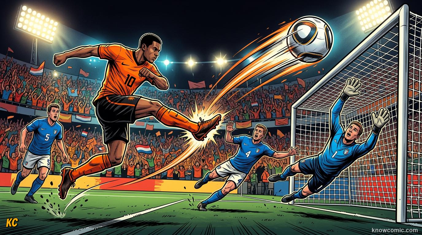 Comic panel titled volleys, chips and more, labelled special shots, from the KnowComic World Cup 2026 lesson on shooting & finishing