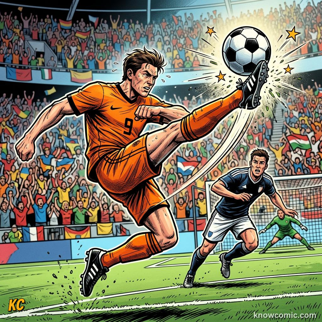 Comic panel titled volleys, chips and more, labelled volley, from the KnowComic World Cup 2026 lesson on shooting & finishing