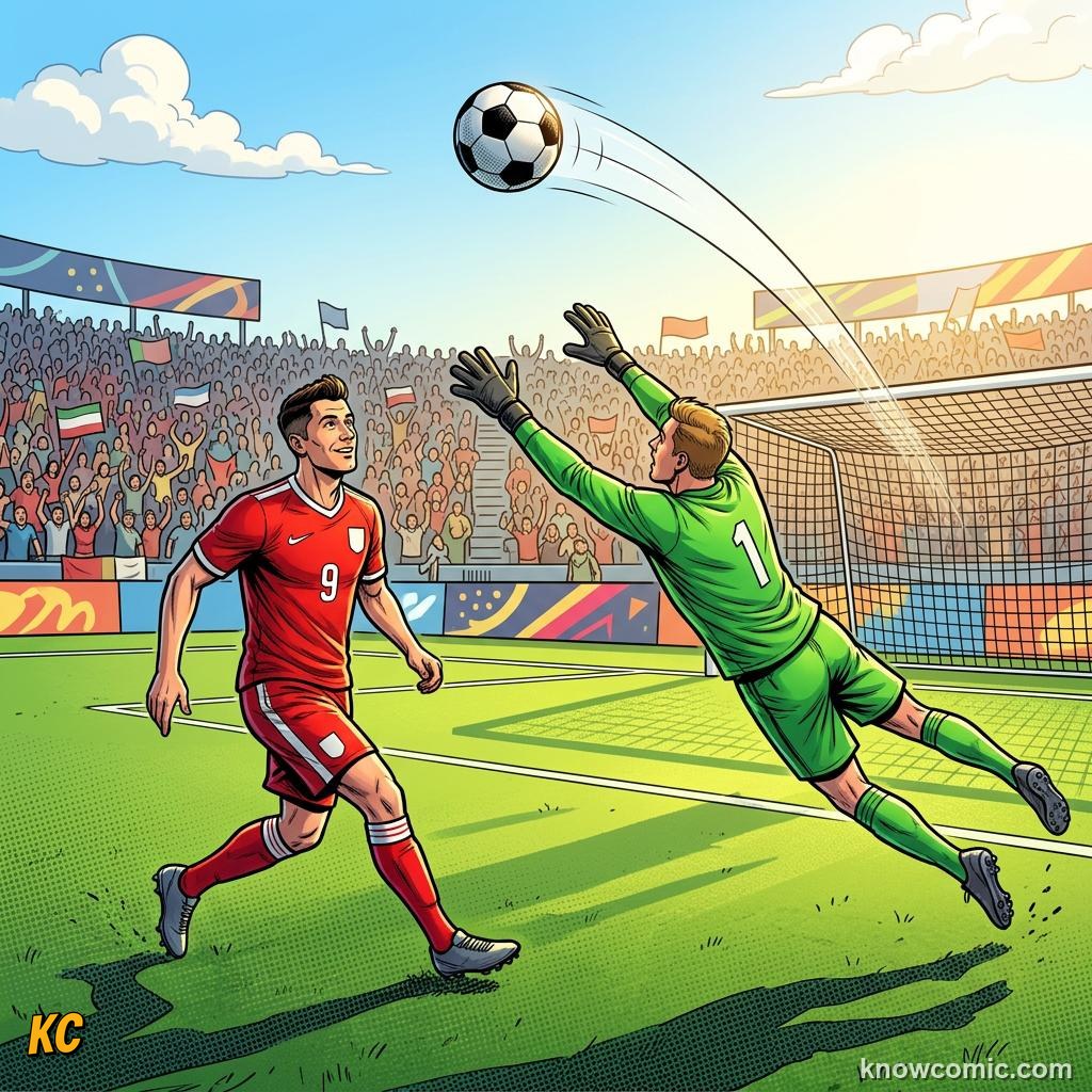 Comic panel titled volleys, chips and more, labelled chip, from the KnowComic World Cup 2026 lesson on shooting & finishing