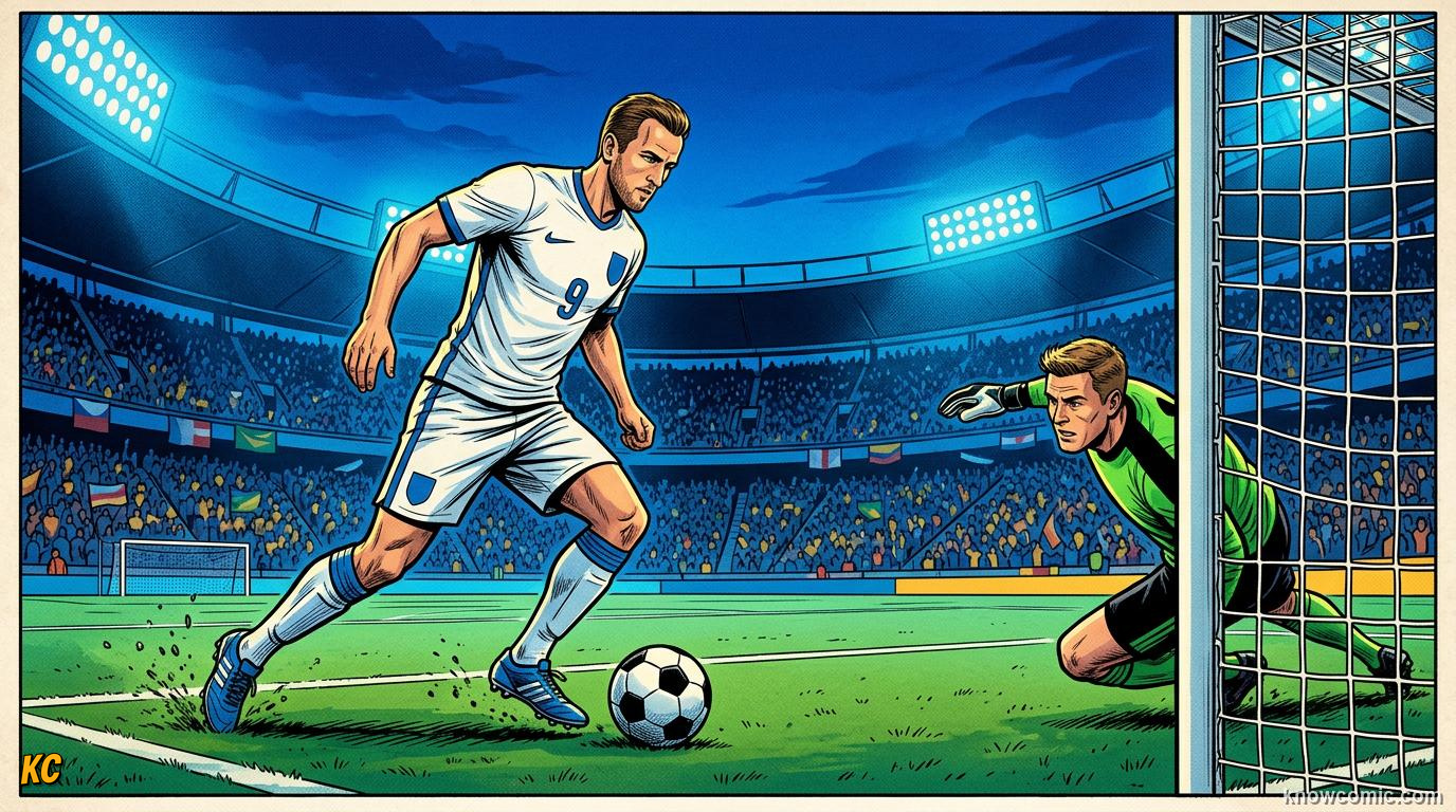 Comic panel titled composure in front of goal, labelled ice cold, from the KnowComic World Cup 2026 lesson on shooting & finishing