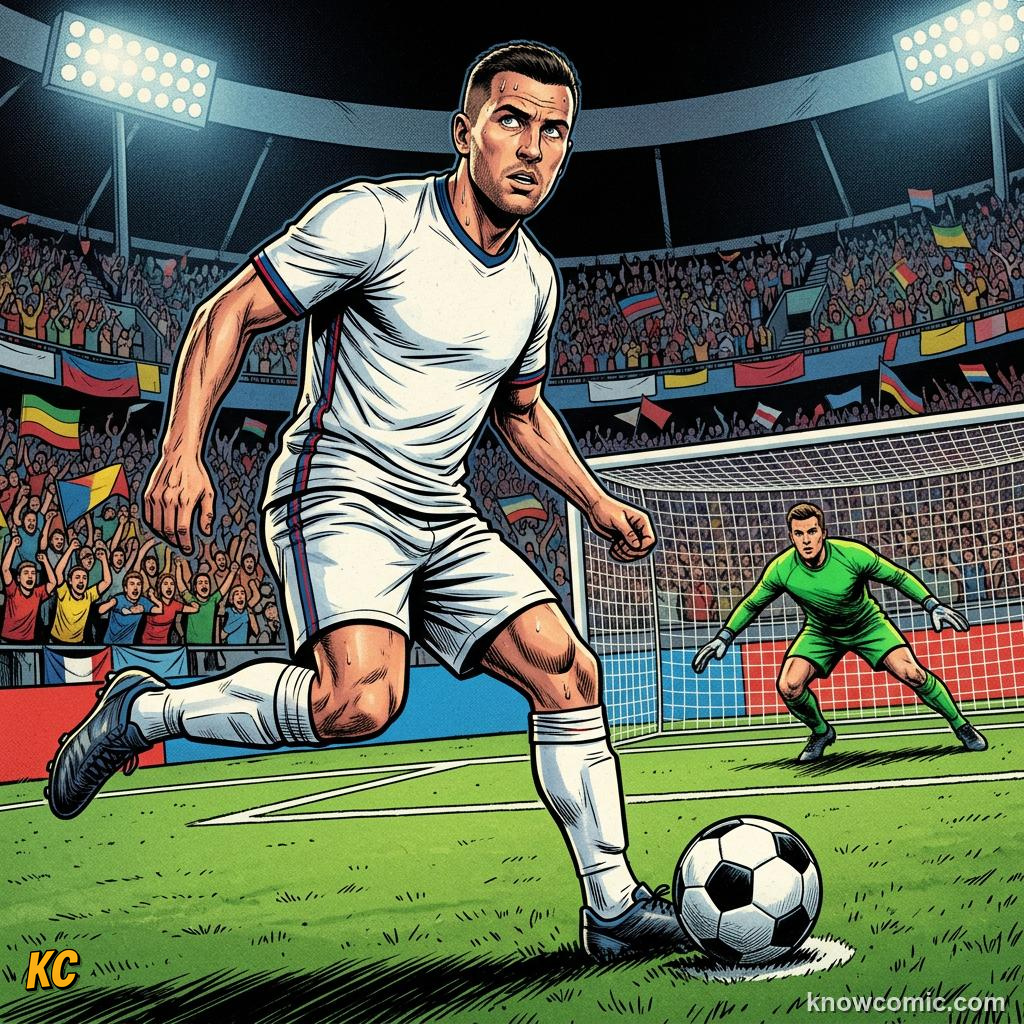 Comic panel titled how strikers train finishing, labelled eyes up, from the KnowComic World Cup 2026 lesson on shooting & finishing