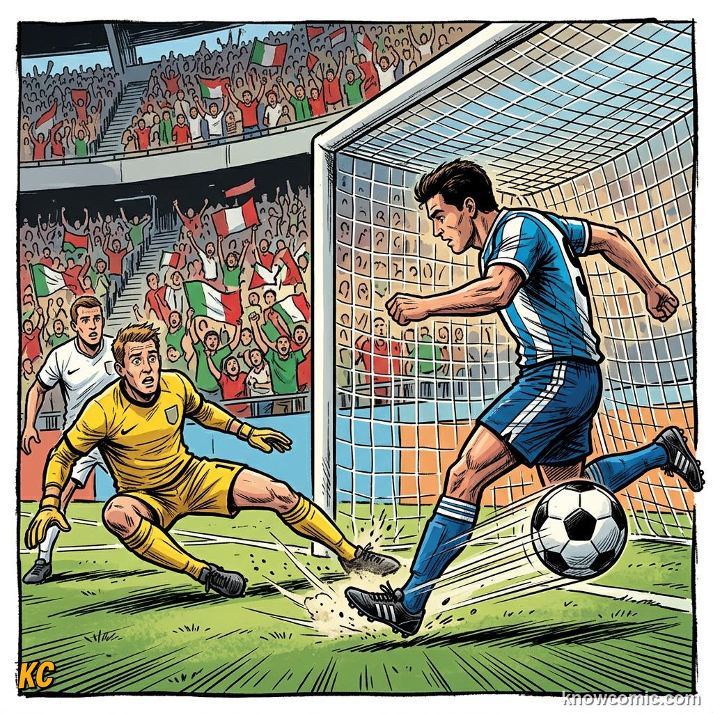 Comic panel titled how strikers train finishing, labelled near post, from the KnowComic World Cup 2026 lesson on shooting & finishing