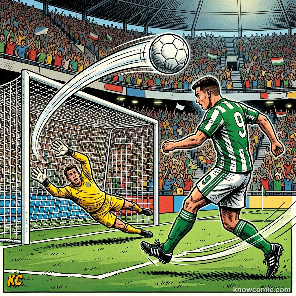 Comic panel titled how strikers train finishing, labelled far post, from the KnowComic World Cup 2026 lesson on shooting & finishing