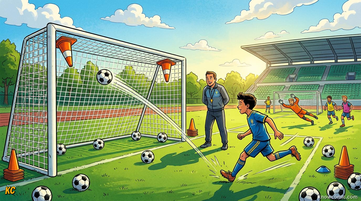 Comic panel titled how strikers train finishing, labelled practice goals, from the KnowComic World Cup 2026 lesson on shooting & finishing