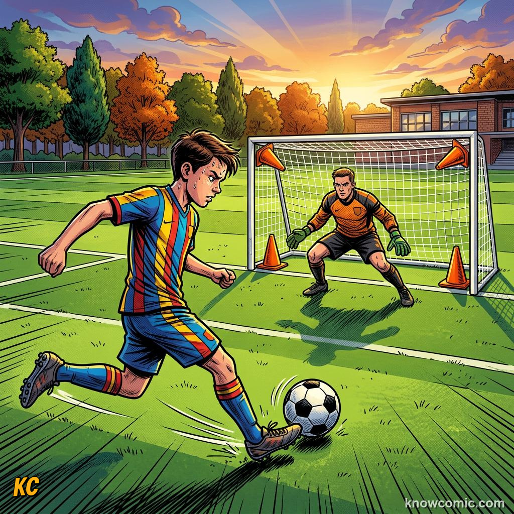 Comic panel labelled one on one, illustrating shooting & finishing in KnowComic's World Cup 2026 series