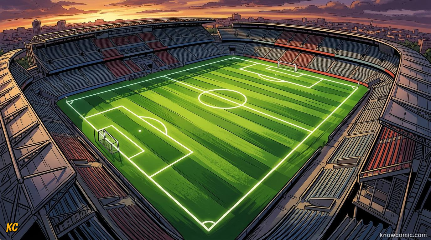 Comic panel titled why all those white lines, labelled the green canvas, from the KnowComic World Cup 2026 lesson on the pitch