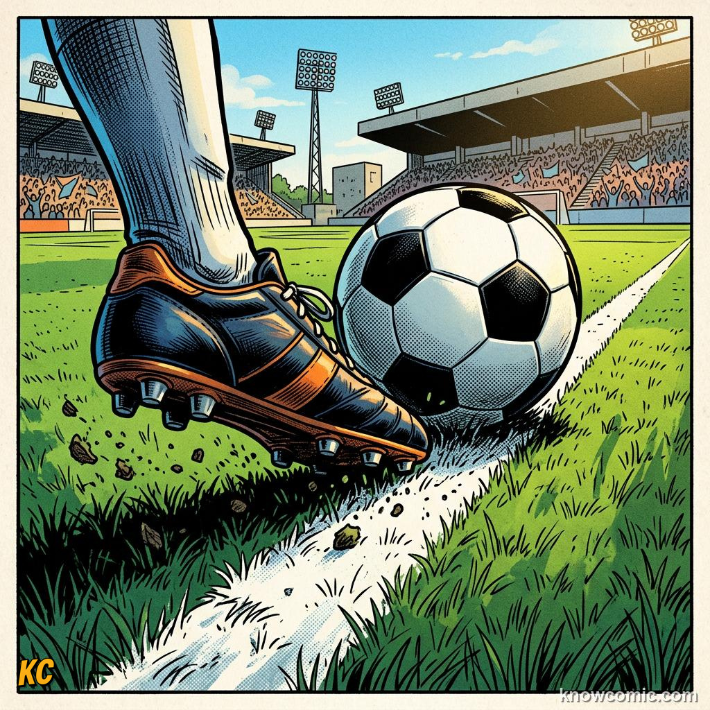 Comic panel titled in or out the line decides, labelled touchlines, from the KnowComic World Cup 2026 lesson on the pitch