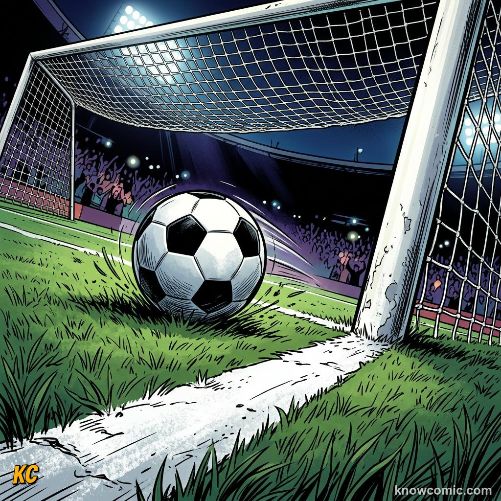 Comic panel titled in or out the line decides, labelled goal lines, from the KnowComic World Cup 2026 lesson on the pitch