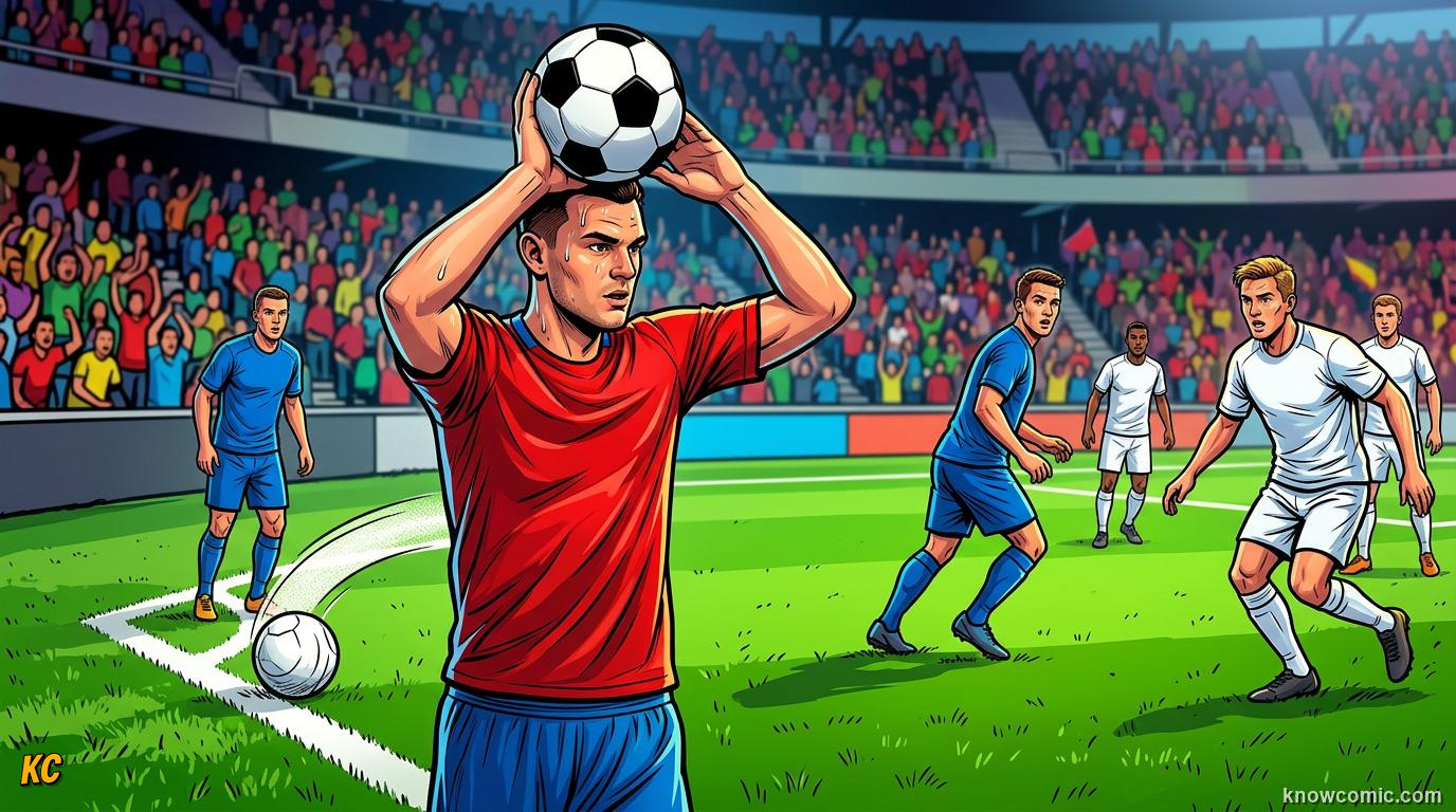 Comic panel titled in or out the line decides, labelled boundary lines, from the KnowComic World Cup 2026 lesson on the pitch