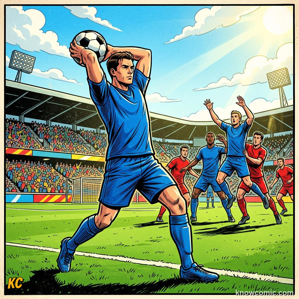 Comic panel titled the big circle in the middle, labelled throw-in, from the KnowComic World Cup 2026 lesson on the pitch