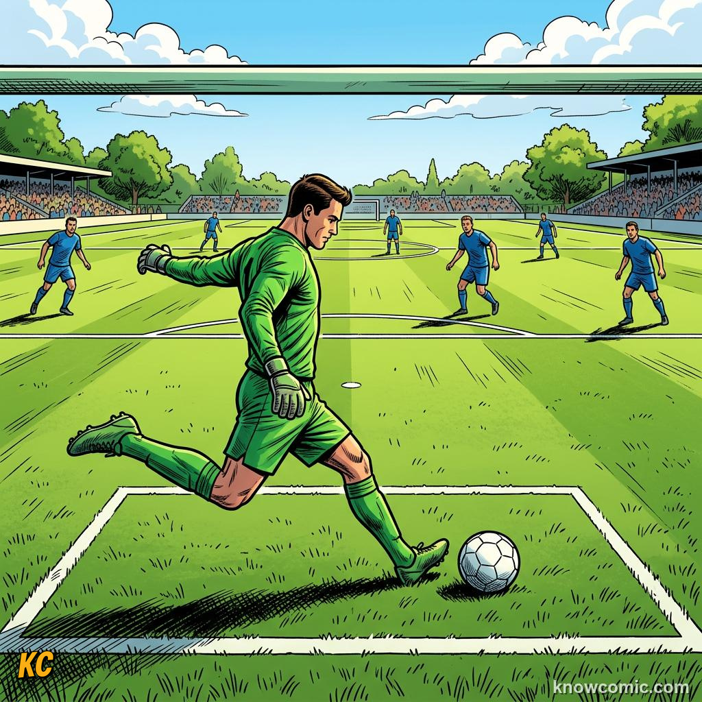 Comic panel titled the big circle in the middle, labelled goal kick, from the KnowComic World Cup 2026 lesson on the pitch