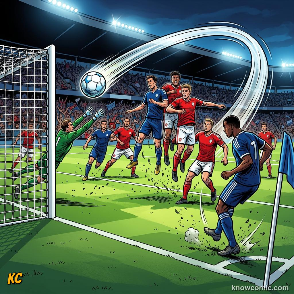 Comic panel titled the big circle in the middle, labelled corner kick, from the KnowComic World Cup 2026 lesson on the pitch