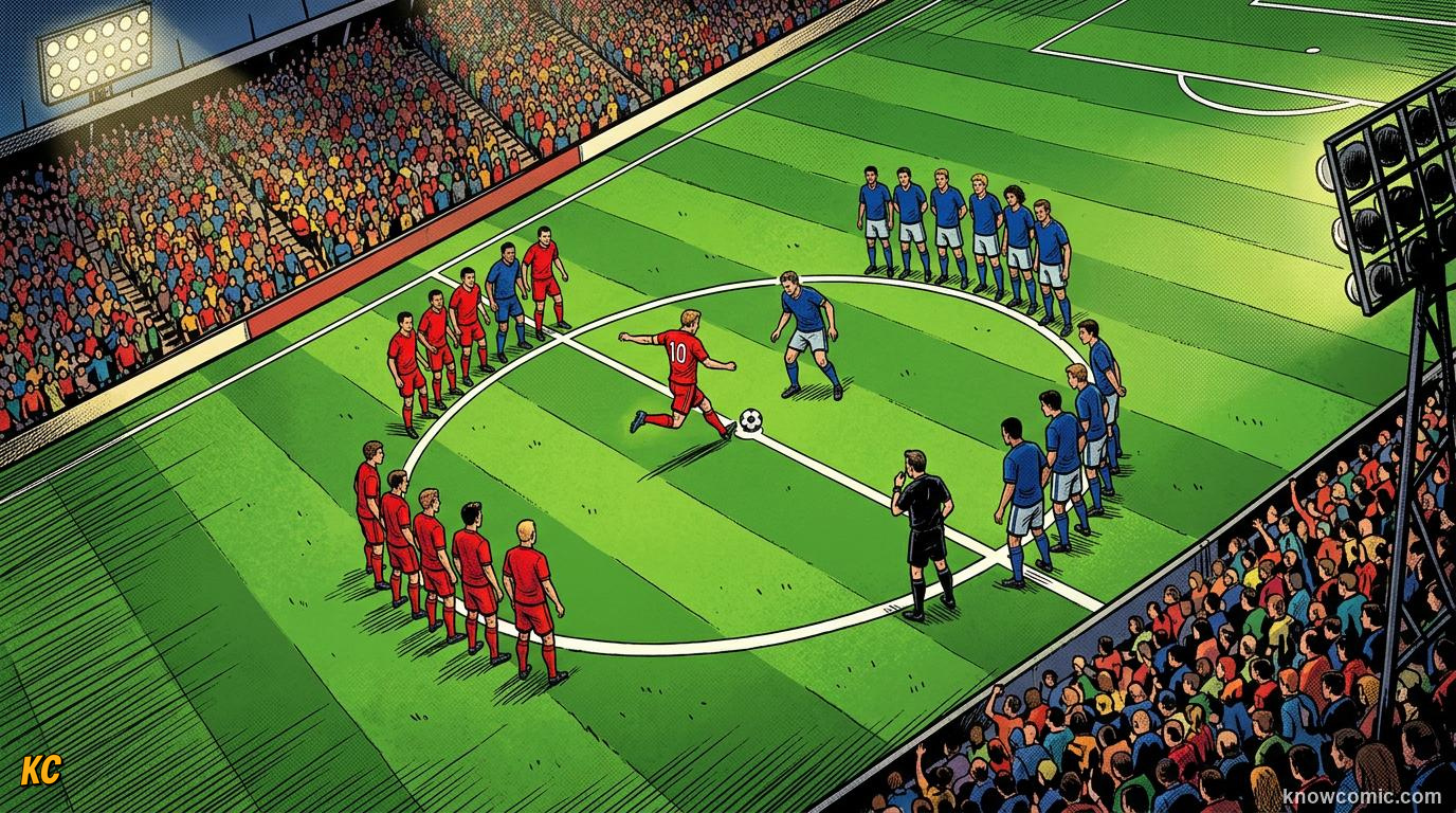 Comic panel titled the big circle in the middle, labelled centre circle, from the KnowComic World Cup 2026 lesson on the pitch