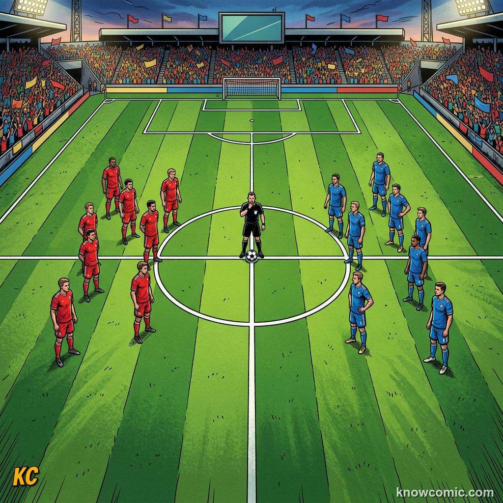 Comic panel titled the big circle in the middle, labelled halfway line, from the KnowComic World Cup 2026 lesson on the pitch