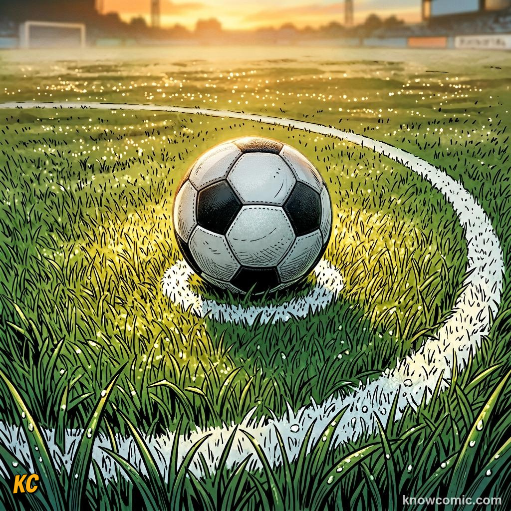 Comic panel titled the big circle in the middle, labelled centre spot, from the KnowComic World Cup 2026 lesson on the pitch